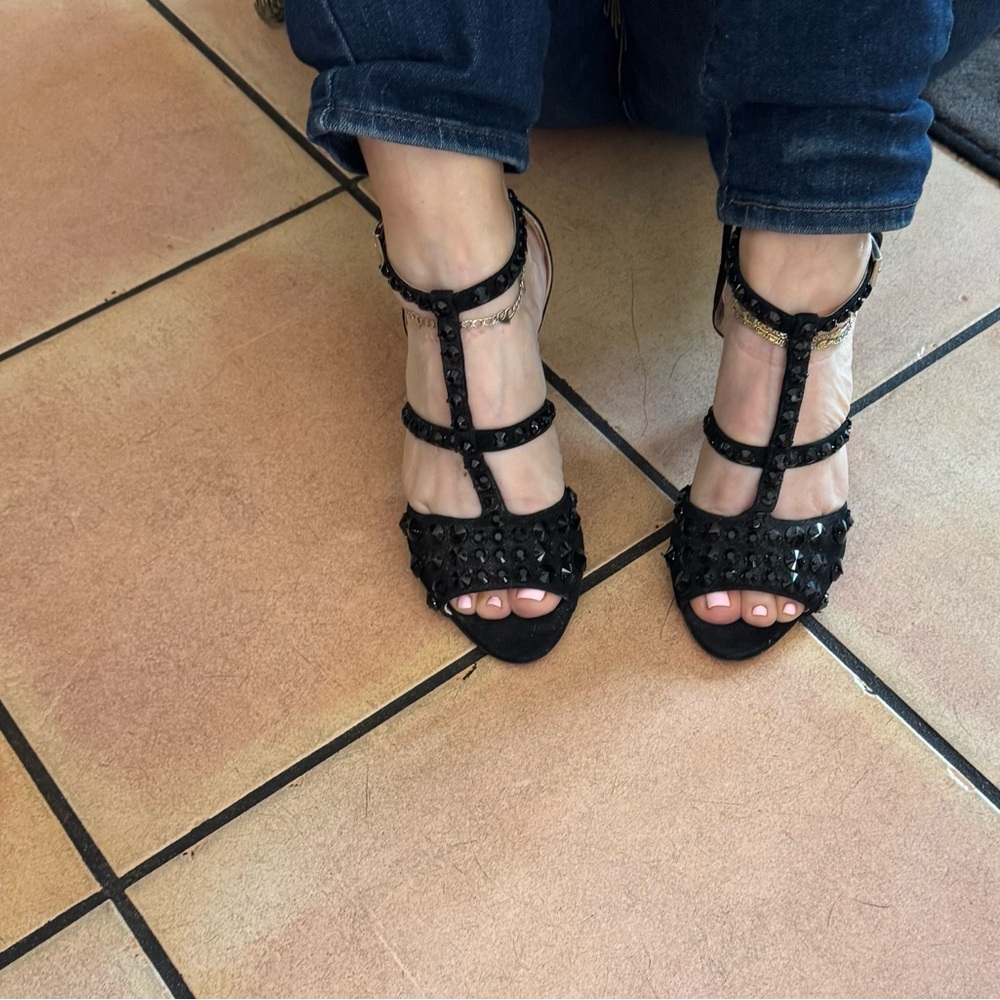 Prada Black Suede Studded Women's Sandals/Heals